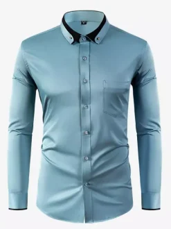 Men's Long Sleeve Stretch Shirts Diamond Button Solid Color Slim Fit Shirts