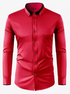 Men's Long Sleeve Stretch Shirts Diamond Button Solid Color Slim Fit Shirts