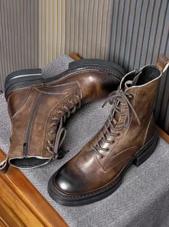 Men's Martin Work Boots Black Cowhide Round Toe Military Combat Boots