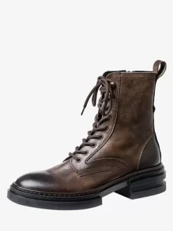 Men's Martin Work Boots Black Cowhide Round Toe Military Combat Boots