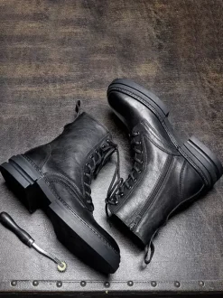 Men's Martin Work Boots Black Cowhide Round Toe Military Combat Boots