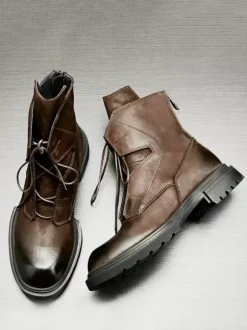 Men's Martin Work Motorcycle Coffee Brown Cowhide Round Toe Combat Boots
