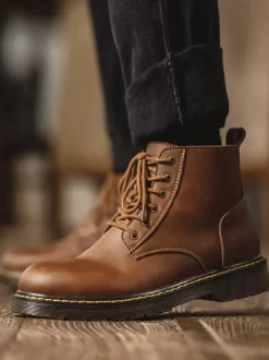 Men's Martin Work Retro Coffee Brown Cowhide Round Toe Combat Boots