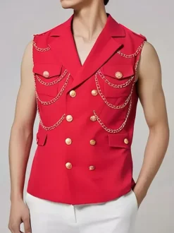 Men's Metal Chain Decorated Suit Vest Punk Rock Performance Stage Jacket