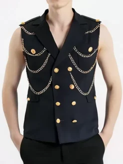 Men's Metal Chain Decorated Suit Vest Punk Rock Performance Stage Jacket