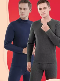 Men’s Mid High Neck Underwear Set Fleece Lined Slim Fit Warm Base Layer Top And Bottom