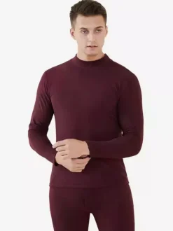 Men’s Mid High Neck Underwear Set Fleece Lined Slim Fit Warm Base Layer Top And Bottom