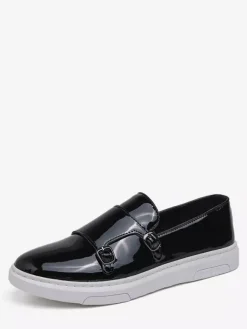 Mens Monk Loafer Double Strap Slip On Patent Leather Casual Comfortable Shoes Flat Dress Walking Shoes Comfort Penny Loafers Sneakers Dress Shoes