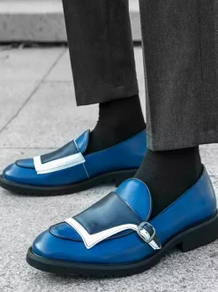 Mens Monk Loafers Round Toe Slip-on With Buckle Detail Penny Shoes Colorblock Design Prom Shoes