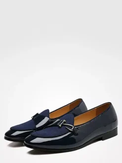 Mens Monk Loafers Slip On Pointed Toe Metal Decor Flat With Shoes Block Heel Patent Penny Shoes