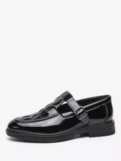 Men's Monk Loafers Woven Platform Patent Leather T-Strap Slip-On Loafer Shoes