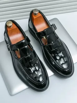Men's Monk Loafers Woven Platform Patent Leather T-Strap Slip-On Loafer Shoes