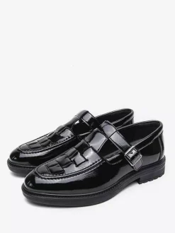 Men's Monk Loafers Woven Platform Patent Leather T-Strap Slip-On Loafer Shoes