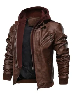 Men's Motorcycle Leather Jacket Zip Up Hooded Leather Jacket