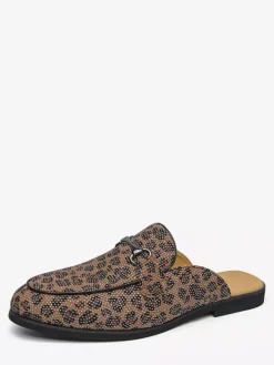 Men's Mule Loafers Leopard Round Toe Metal Detail Backless Shoes