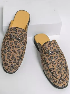 Men's Mule Loafers Leopard Round Toe Metal Detail Backless Shoes