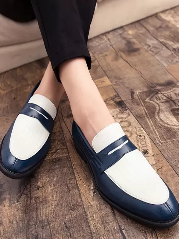Men's Penny Loafers Blue Round Toe Slip-On Dress Groom Shoes