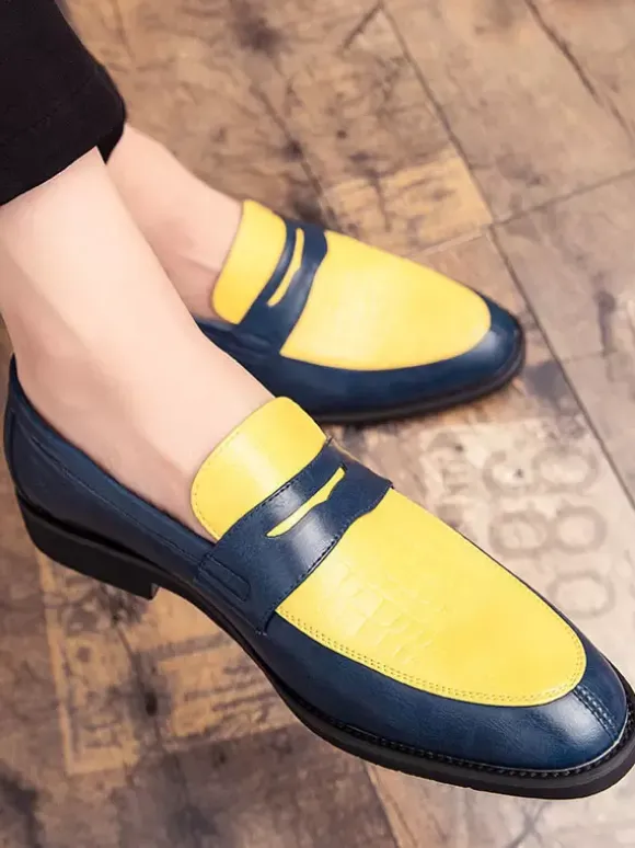 Men's Penny Loafers Blue Round Toe Slip-On Dress Groom Shoes