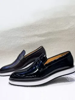 Mens Penny Loafers Chunky Sole Leather Slip-Ons Glossy Patent Finish Height-Increasing Dress Shoes