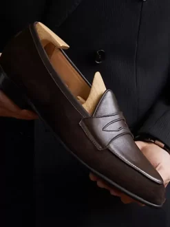 Mens Penny Loafer Shoes Artwork Round Toe Suede Leather Prom Wedding Shoes