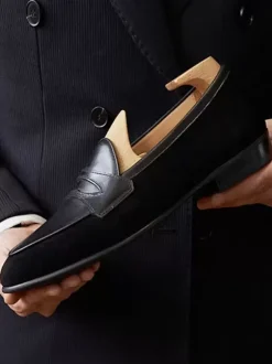 Mens Penny Loafer Shoes Artwork Round Toe Suede Leather Prom Wedding Shoes