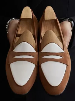Mens Penny Loafer Shoes Artwork Round Toe Suede Leather Prom Wedding Shoes