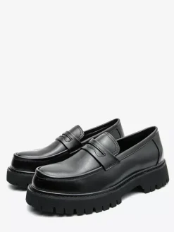 Mens Penny Loafers Leather Non Slip Platform Chunky Slip-On Penny Shoes Round Toe Lug Sole Casual Formal Shoes
