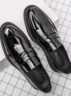 Mens Penny Loafers Patent Leather Platform Slip-on Wedding Shoes Low Top Comfortable Soft Sole Non-Slip Business Formal Shoes