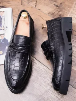Mens Penny Loafers Slip-on Pointed Toe Brogue Shoes Non Slip Wear Resistant Thick Sole Penny Shoes
