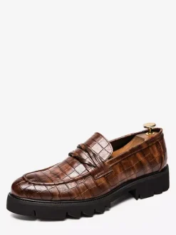 Mens Penny Loafers Slip-on Pointed Toe Brogue Shoes Non Slip Wear Resistant Thick Sole Penny Shoes
