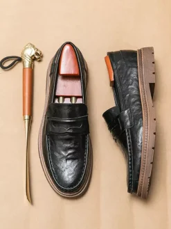 Mens Penny Loafers Slip-on Round Toe Non Slip Low Heels Leather Penny Shoes