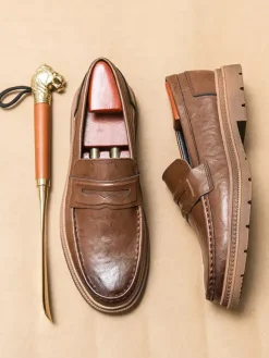Mens Penny Loafers Slip-on Round Toe Non Slip Low Heels Leather Penny Shoes