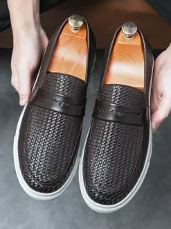 Mens Penny Loafers Slip-Ons Round Toe Weave Leather Penny Shoes Wear Resistant Thick Sole Casual Shoes
