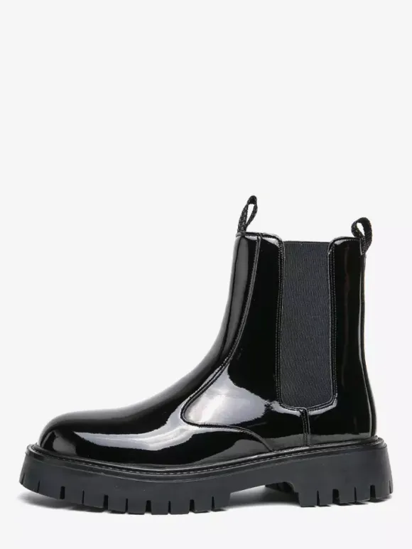 Mens Platform Chelsea Boots Round Toe Chunky Sole Glossy Patent Leather Slip-On Ankle Boots