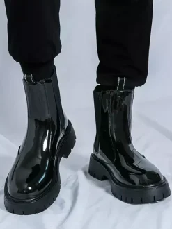 Mens Platform Chelsea Boots Round Toe Chunky Sole Glossy Patent Leather Slip-On Ankle Boots