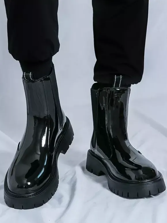 Mens Platform Chelsea Boots Round Toe Chunky Sole Glossy Patent Leather Slip-On Ankle Boots