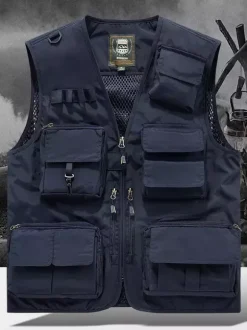 Men's Plus Size Vest With Multiple Pockets & Reflective Design