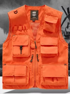 Men's Plus Size Vest With Multiple Pockets & Reflective Design