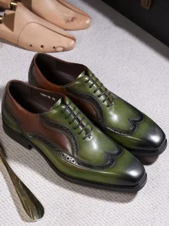 Mens Pointed-Toe Oxford Wingtip Shoes British Style Genuine Leather Dress Shoes