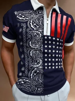 Men's Polo Shirt Printed Turndown Collar Short Sleeves Regular Fit Blue Smart Polo Shirts