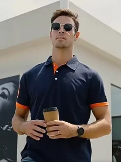 Men's Polo Shirt Turn-Down Collar Short Sleeves Classic Buttons Dark Navy Blue Top