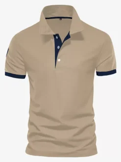 Men's Polo Shirt Turn-Down Collar Short Sleeves Classic Buttons Dark Navy Blue Top