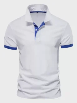 Men's Polo Shirt Turn-Down Collar Short Sleeves Classic Buttons Dark Navy Blue Top