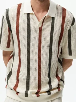 Men's Polo Shirt Turn-Down Collar Short Sleeve Striped Buttons Vintage Top