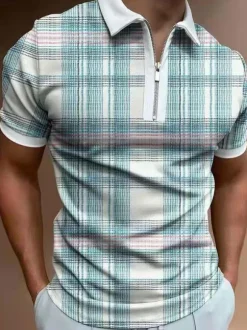 Men's Polo Shirt Turndown Collar Short Sleeves Zipper Regular Fit Light Sky Blue Handsome Polo Shirts