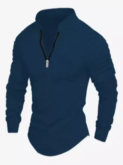 Mens Polo Shirt V-Neck Long Sleeves Zipper Regular Fit Gray Handsome Polo Shirts