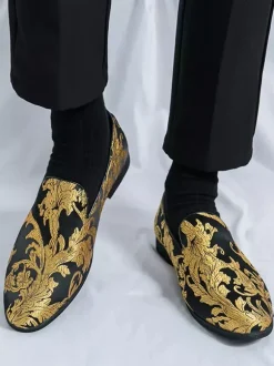 Men's Prom Shoes Satin Round Toe Emboriderd Slip On Shoes