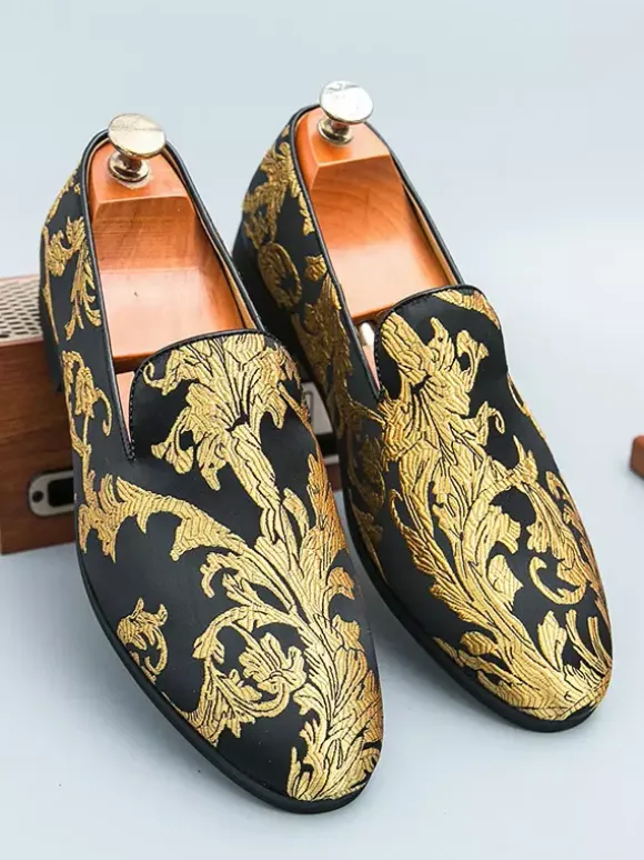Men's Prom Shoes Satin Round Toe Emboriderd Slip On Shoes