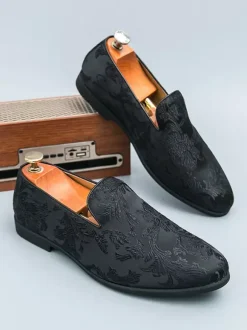 Men's Prom Shoes Satin Round Toe Emboriderd Slip On Shoes