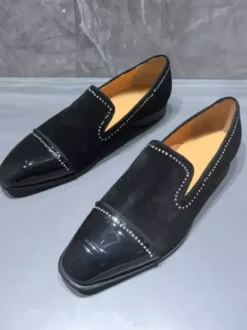 Men's Prom Shoes Square Toe Rhinestones Patchwork Slip On Loafers Dress Shoes